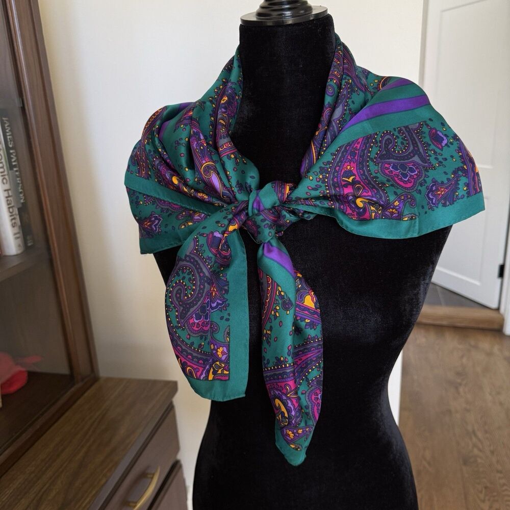 Nina Ricci Paisley Silk Scarf 35” Square Deep Jewel Tones 100% Silk Paris Seoul - Picture 7 of 8
